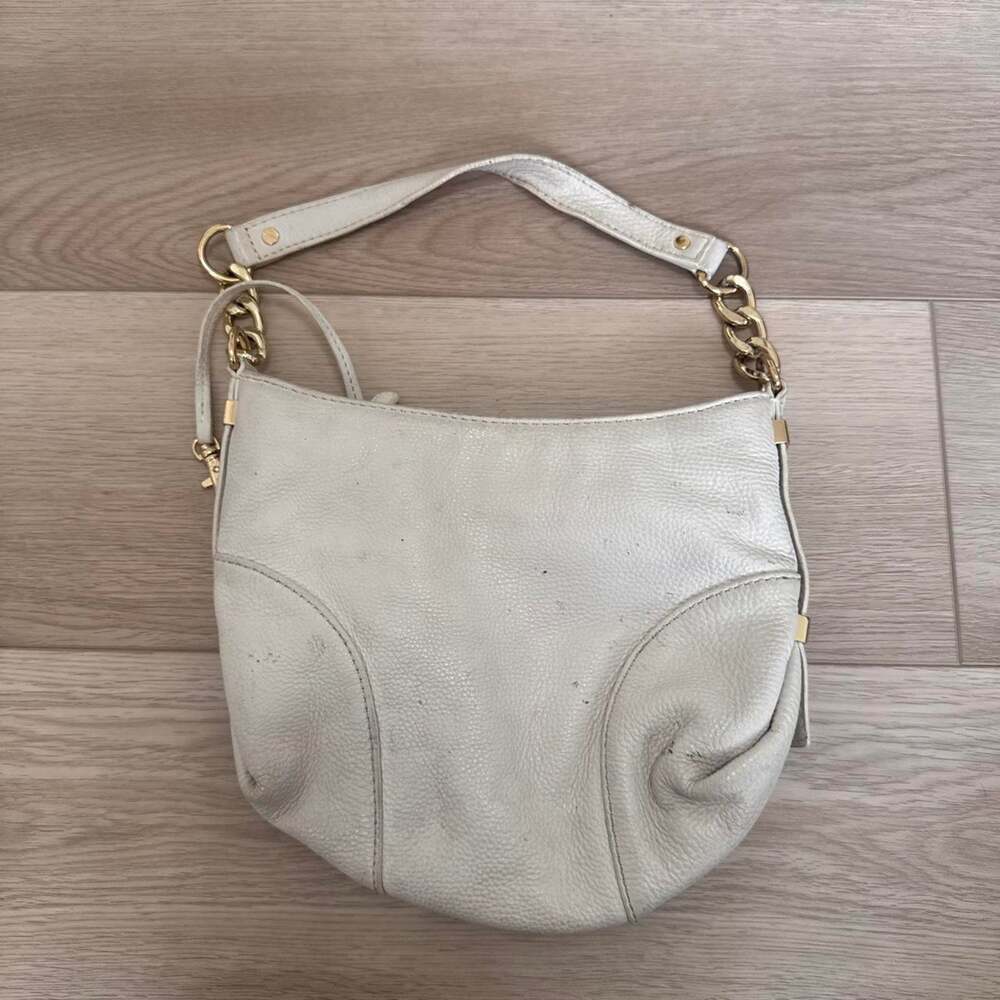Michael Kors Ivory Hobo Shoulder Bag Gold Tone Chain Strap Pebbled Purse
